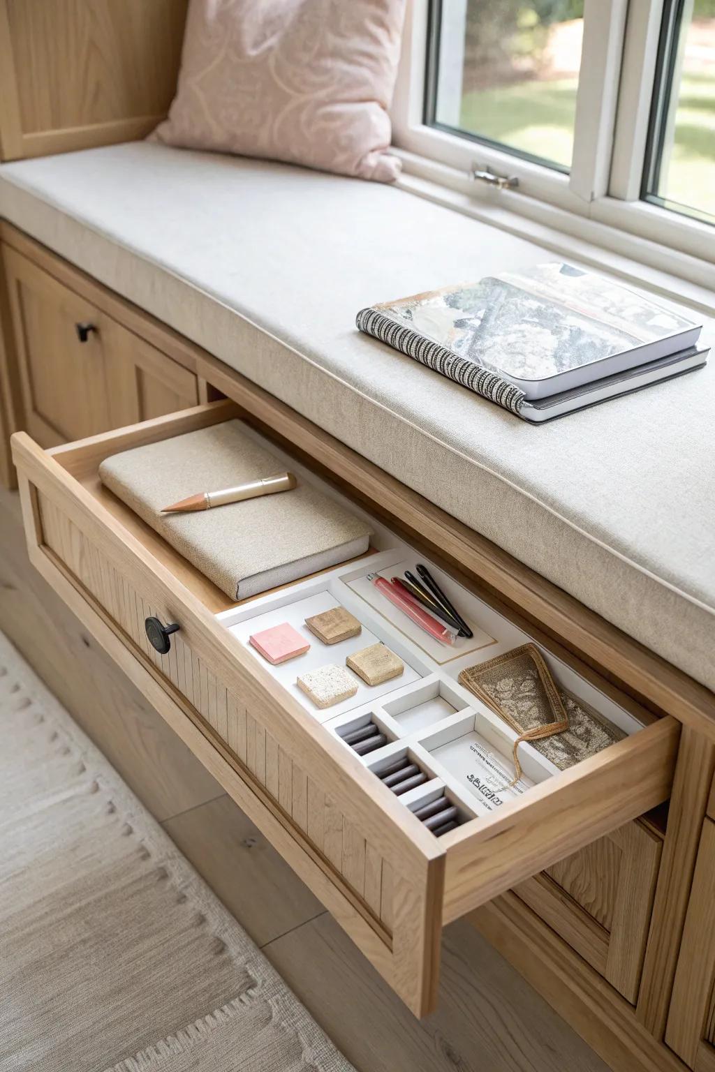A sleek pull-out tray under the bay window seat keeps crafts and games tidy yet easy to grab.