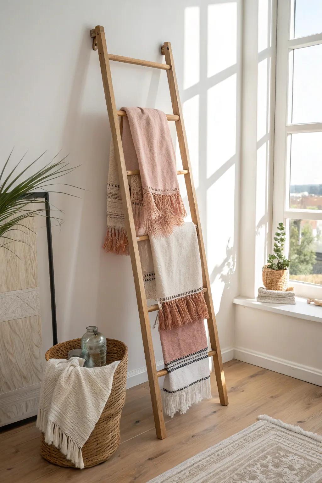 Turn a simple blanket ladder into breezy beach towel storage—pretty, practical, and space-smart.