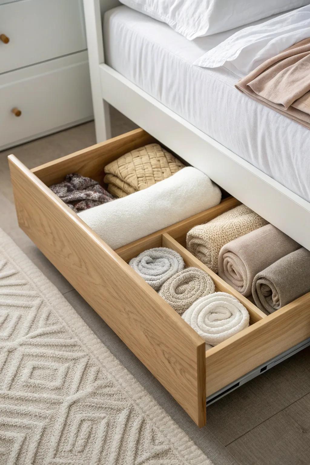 Zone one under-bed drawer like a mini closet: clothes on one side, bedding on the other.