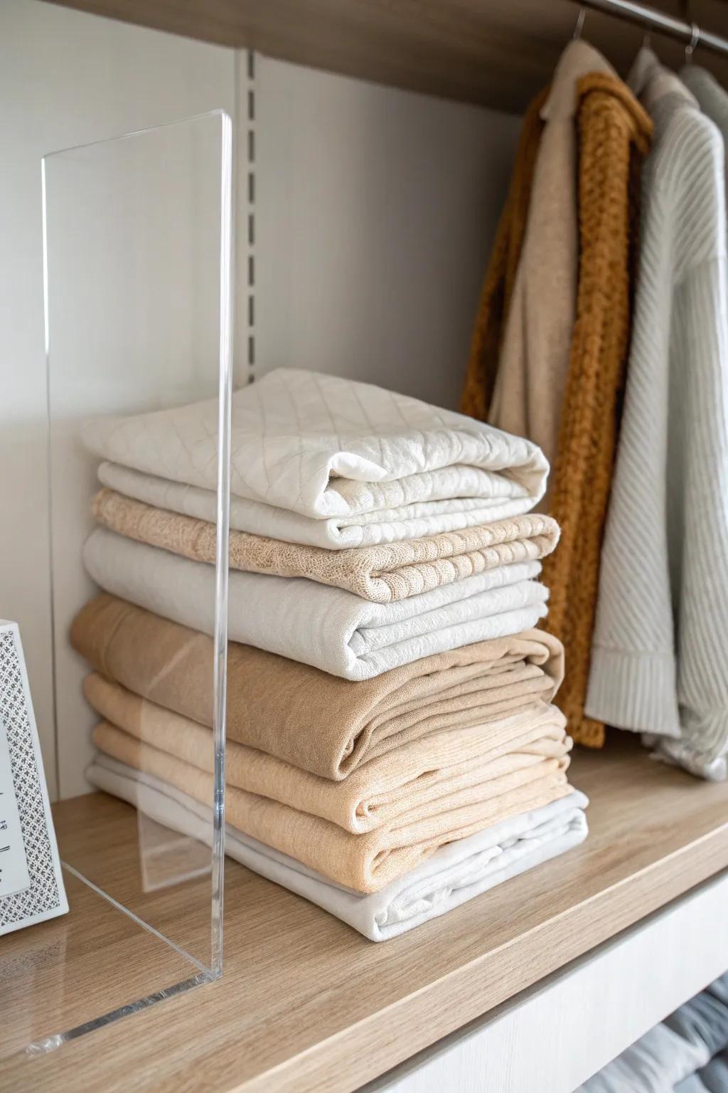 A clear shelf divider keeps folded sheets perfectly separated and instantly closet-neat.