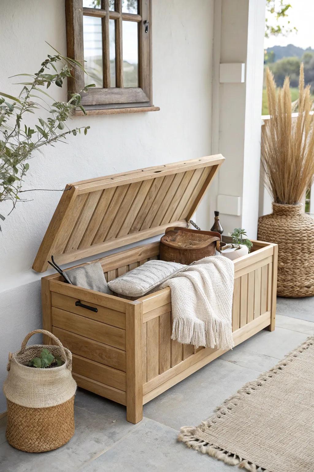 A sleek storage bench keeps balcony throws and tools hidden—extra seating with calm, tidy style.