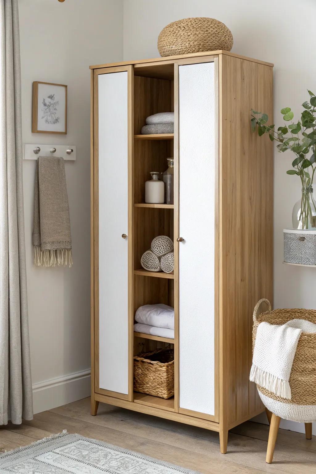 Closed doors hide the chaos, open shelves keep it airy—perfect for small bedrooms.