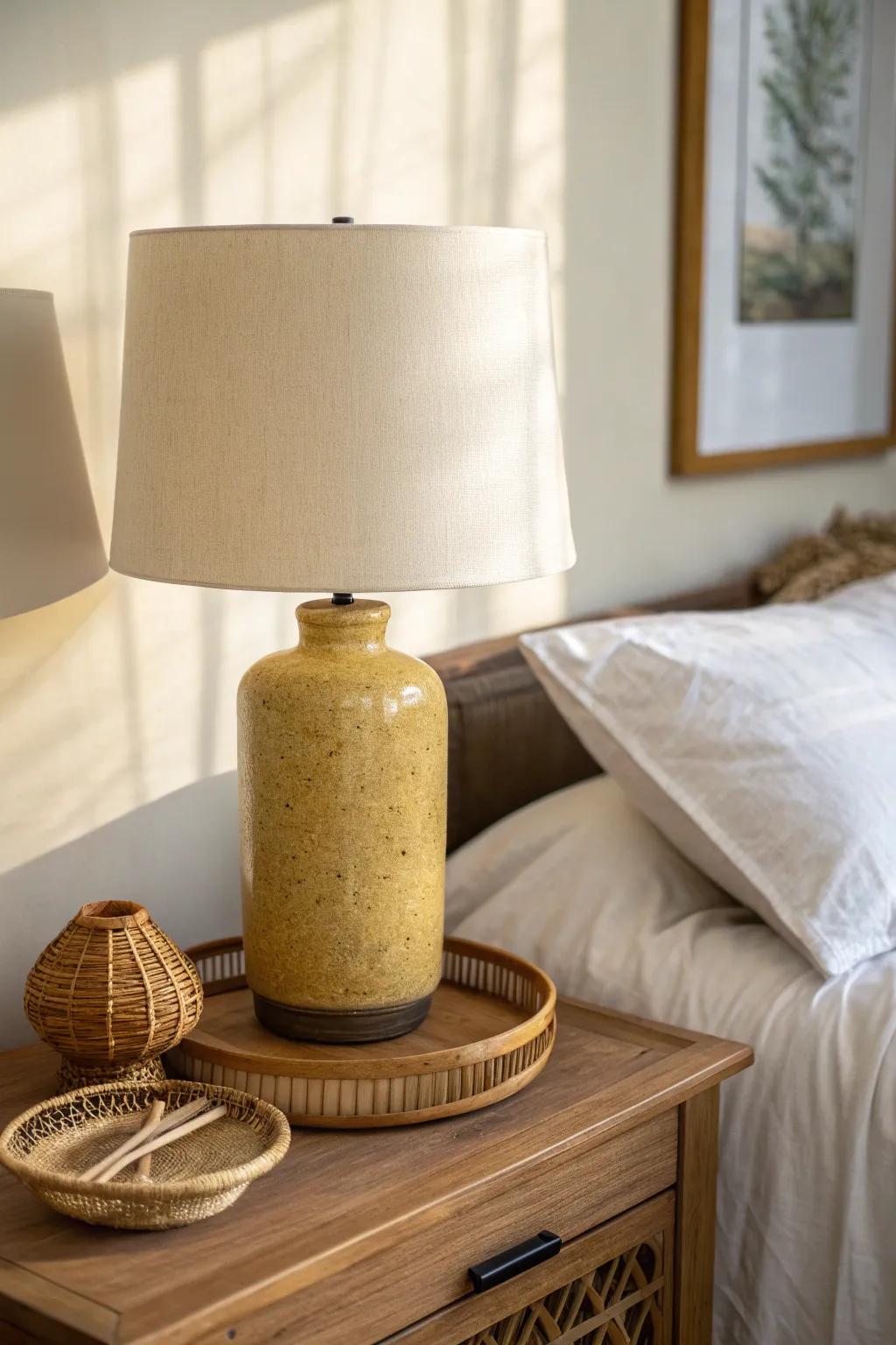 Mustard gold meets cream and walnut—cozy, bold, and perfectly balanced for small bedrooms.