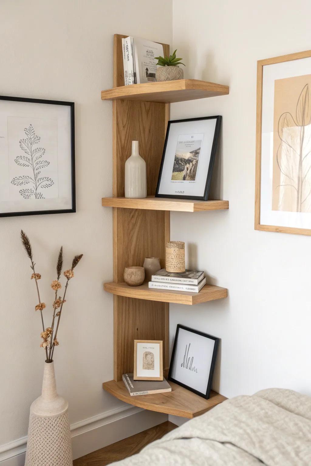 Renter-friendly bedroom corner shelf: layered frames for an effortless, curated look.