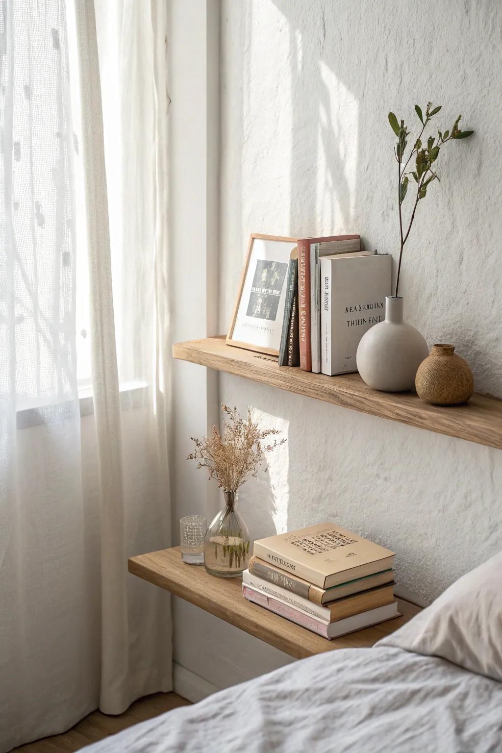 Turn your bedroom ledge into a mini book ledge—3–5 face-out covers keep it chic.