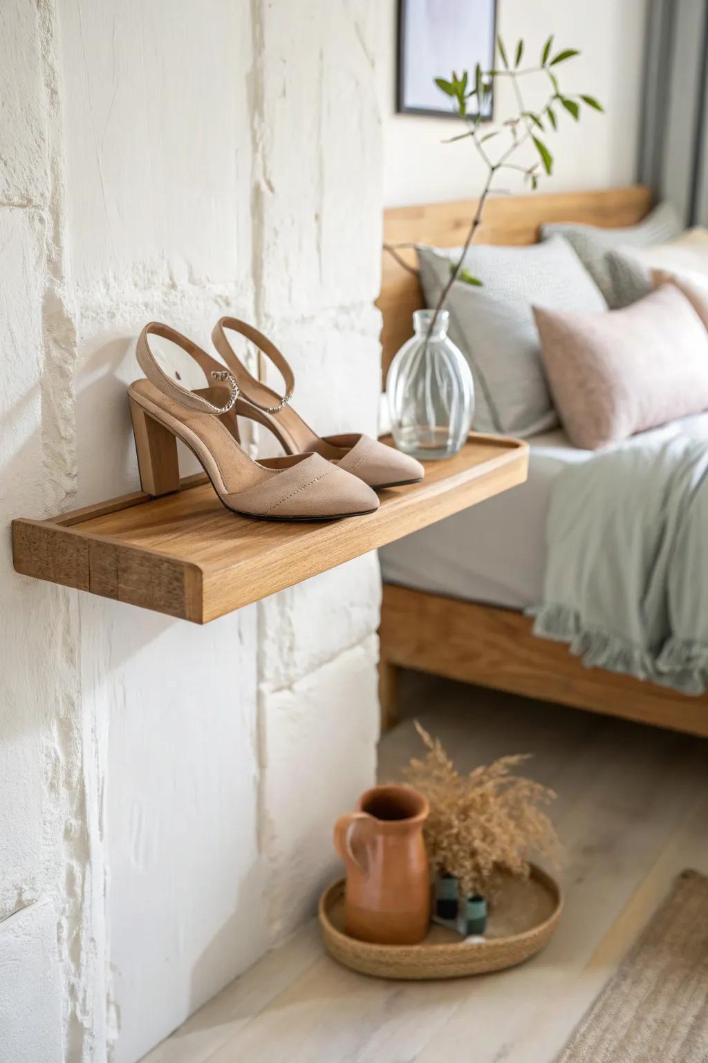 Shallow floating shelf styling turns your prettiest shoes into boutique decor—without crowding.
