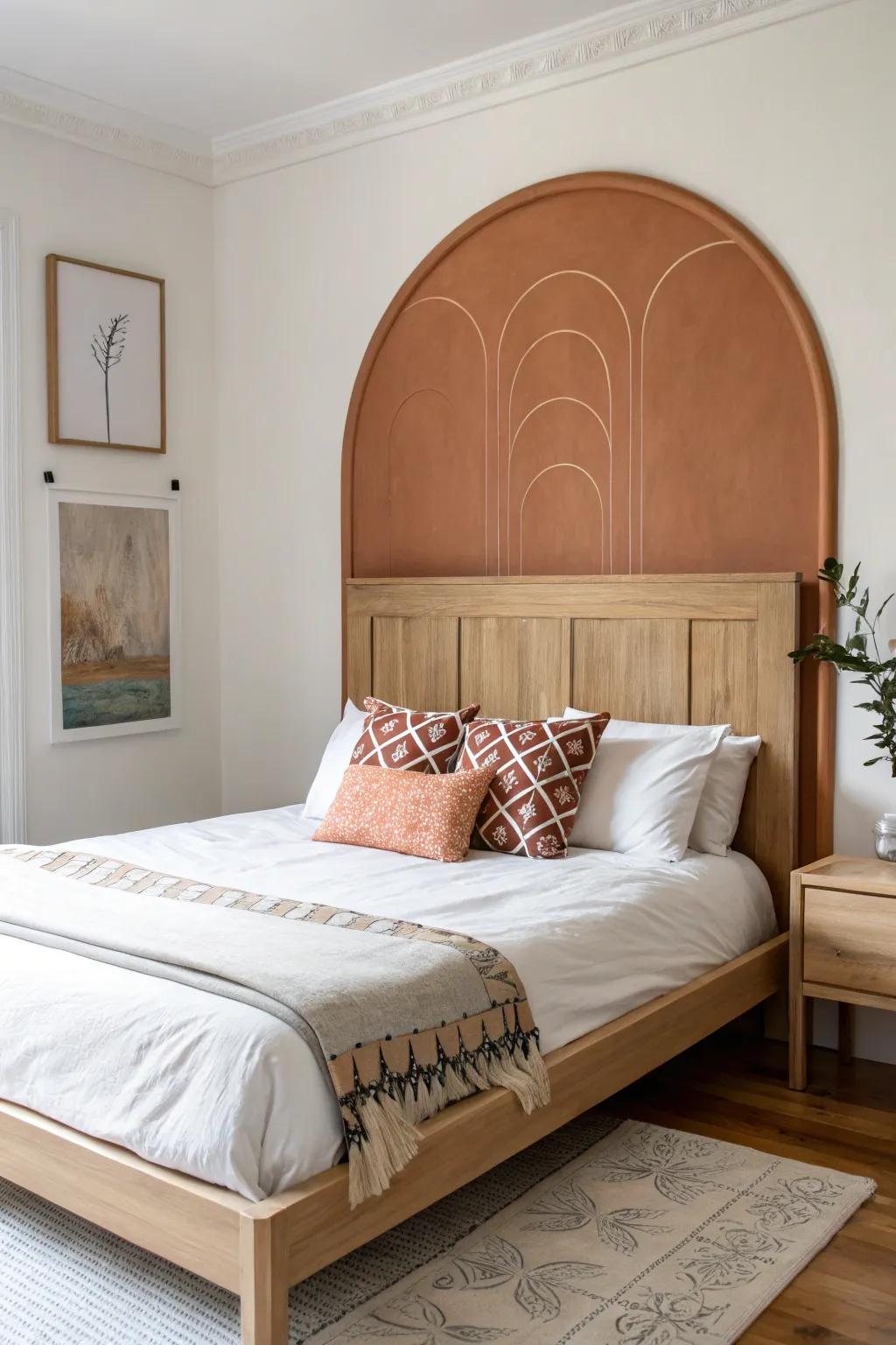 A soft painted arch behind the headboard adds instant focal-point style without clutter.