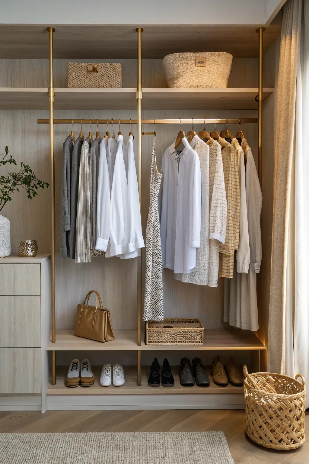 Double hanging rails instantly double wardrobe space—short pieces up top, everyday below.