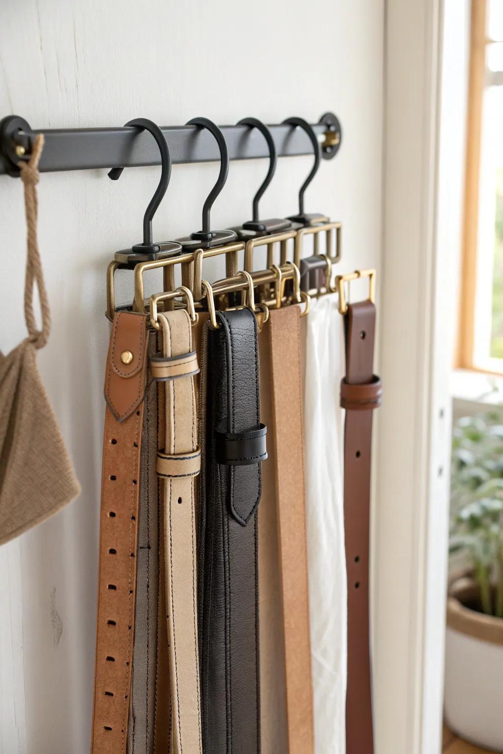 Clip-hanger belt organizer: hang anywhere and keep every belt perfectly vertical.