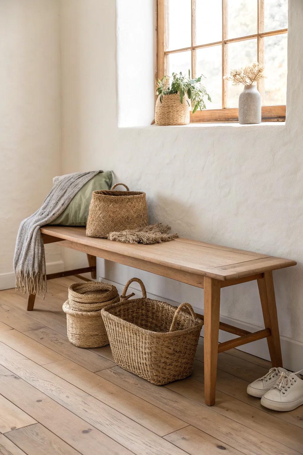 Small-space win: a sleek bench with woven baskets underneath for a two-minute tidy reset.
