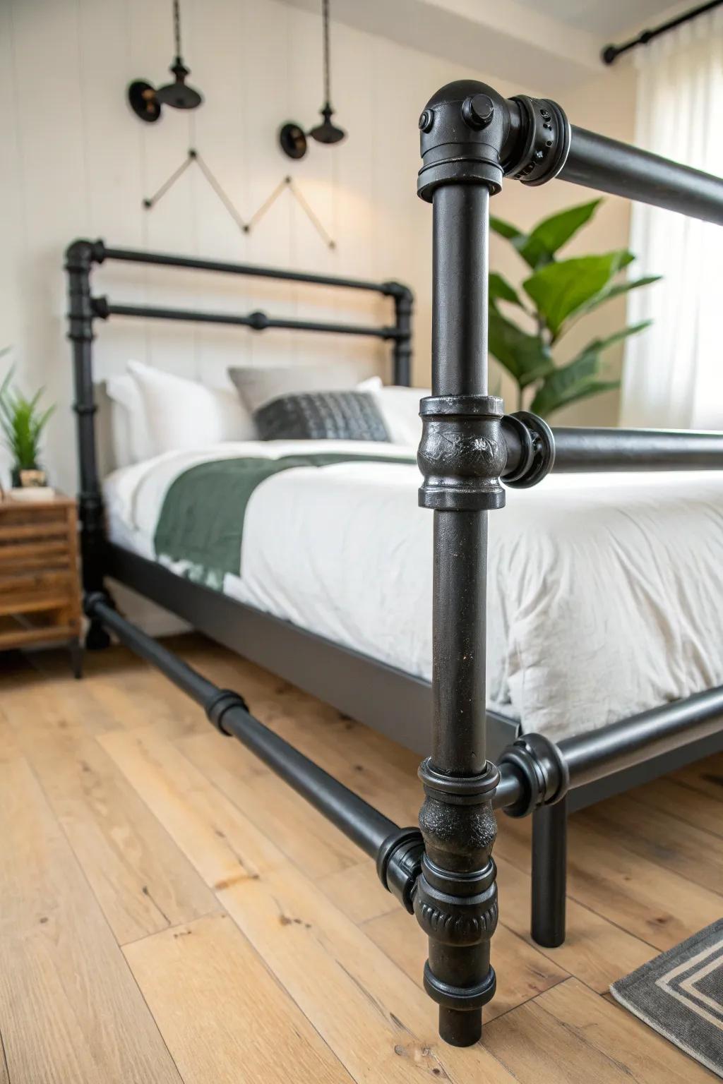 Transform your space with a bold industrial bed frame crafted from black pipes.