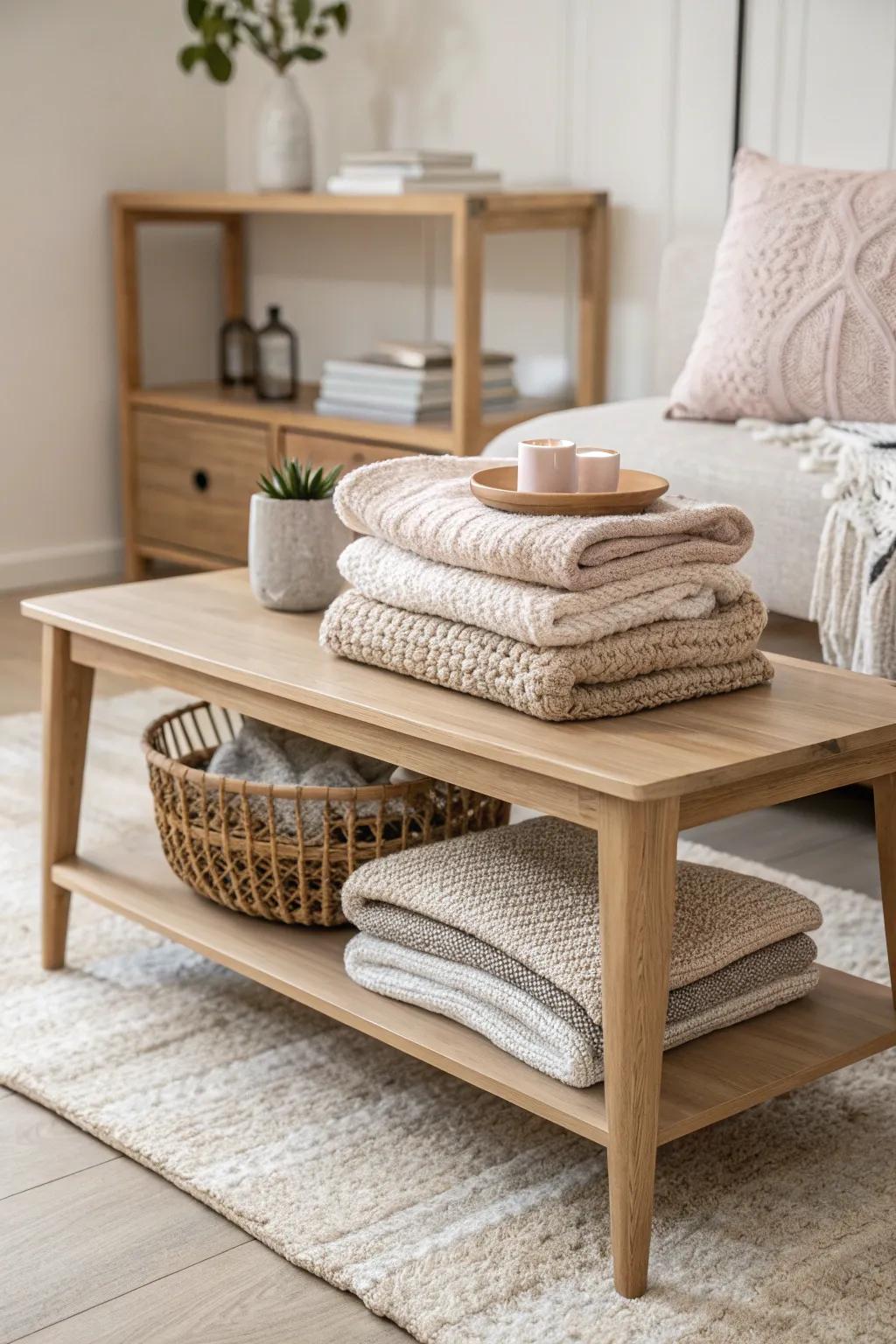 Turn your coffee table’s lower shelf into a chic blanket holder with layered, folded throws.