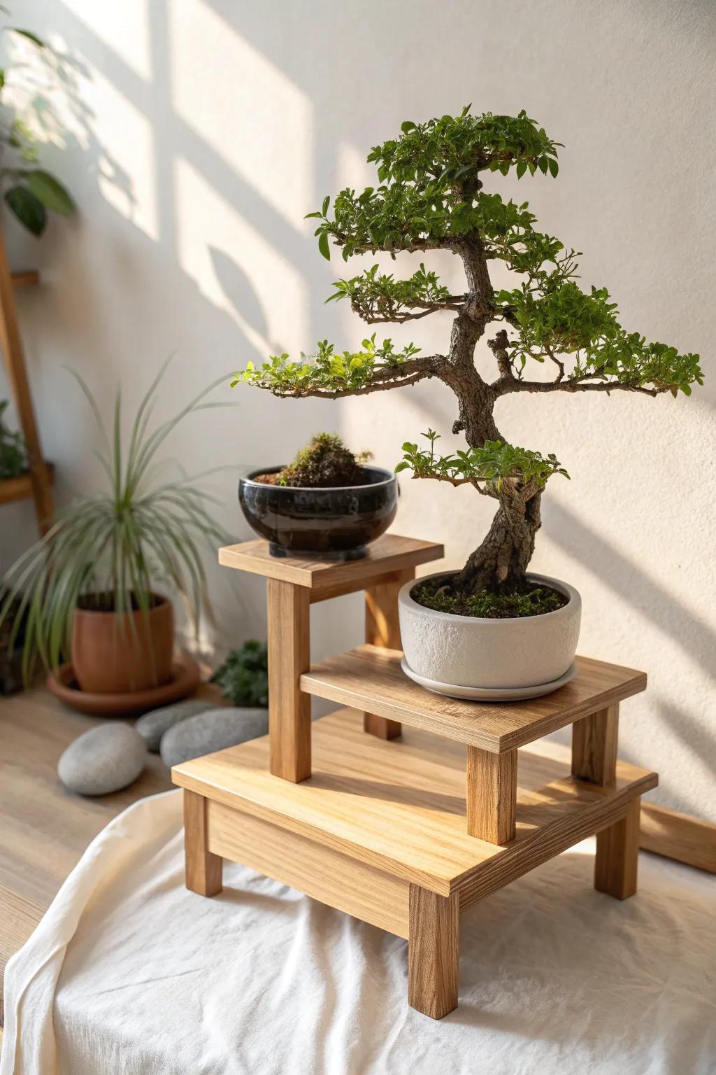 A stepped oak stand that elevates tiny shohin bonsai—small-space display with big impact.