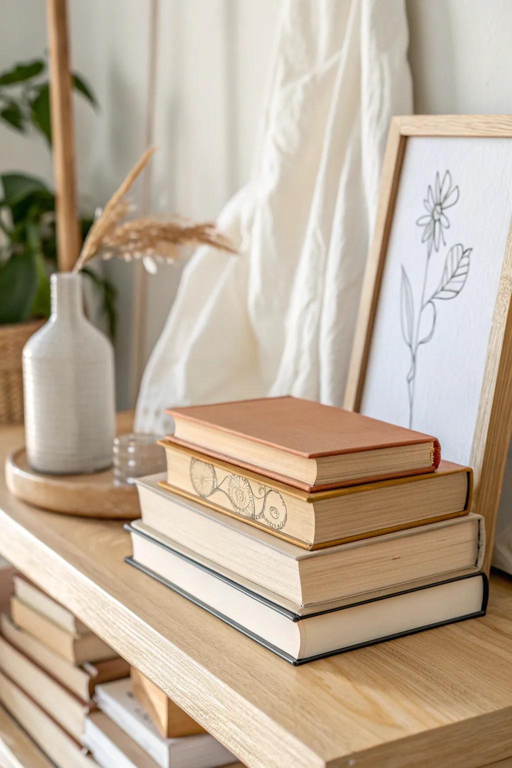 Lean a framed print behind a book stack for instant layered, renter-friendly shelf style.