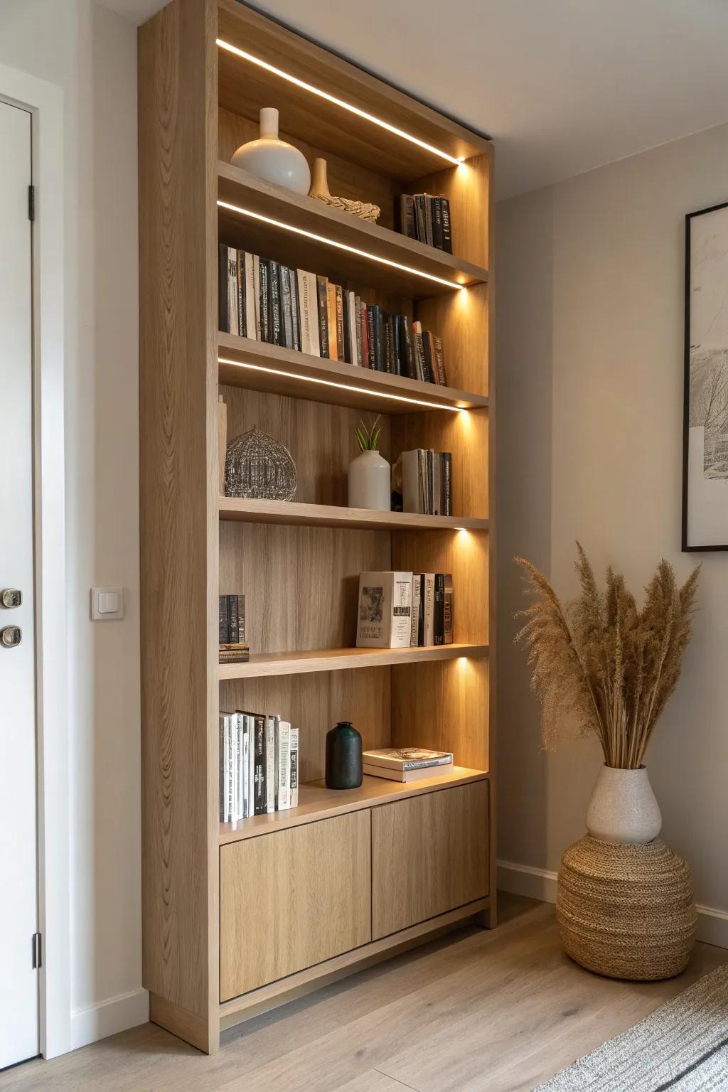 Built-in shelf lighting makes your bookcase glow—warm, cozy, and perfectly styled for evenings.
