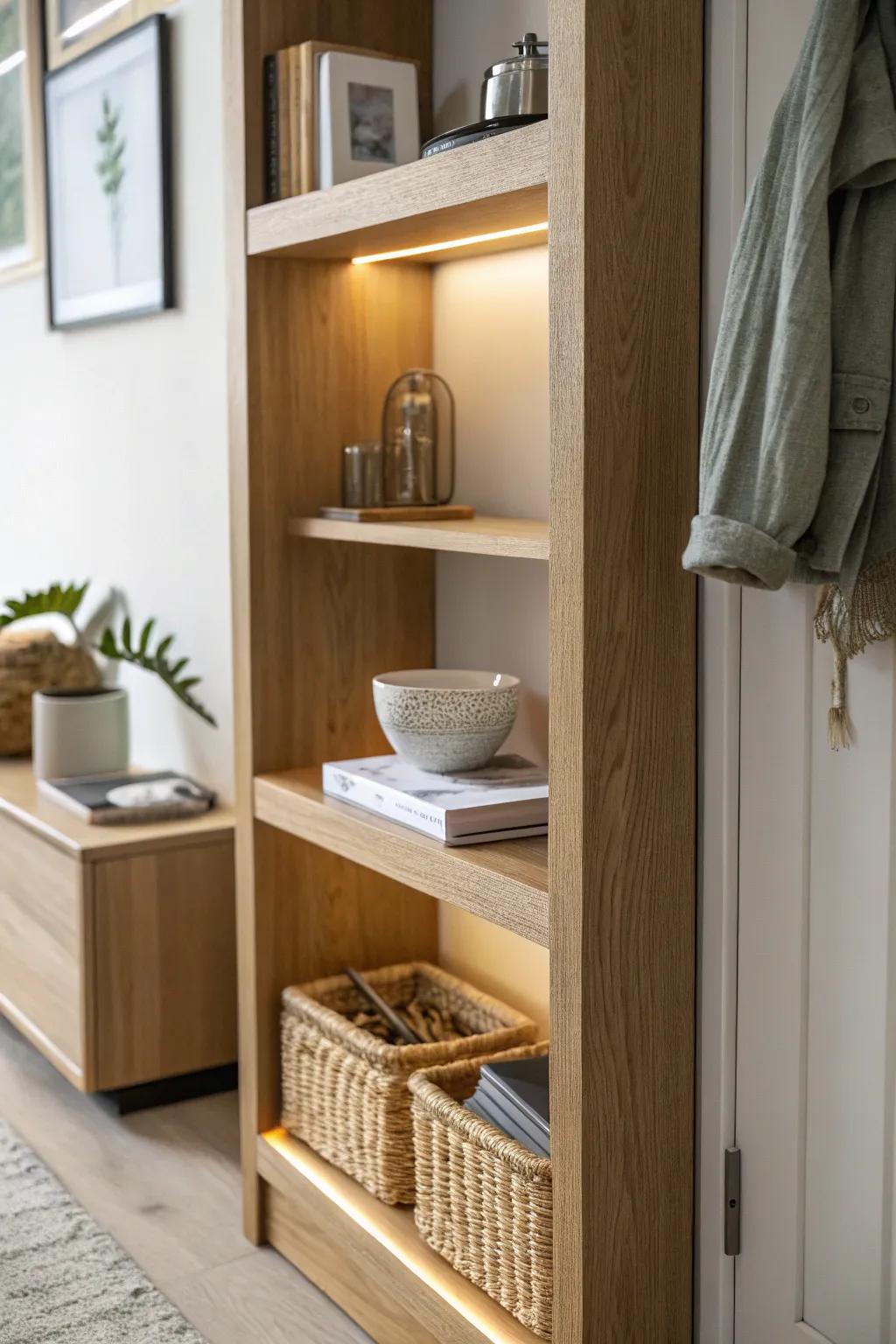 Warm motion-sensor shelf light that turns on instantly—perfect for keys, mail, and chargers.