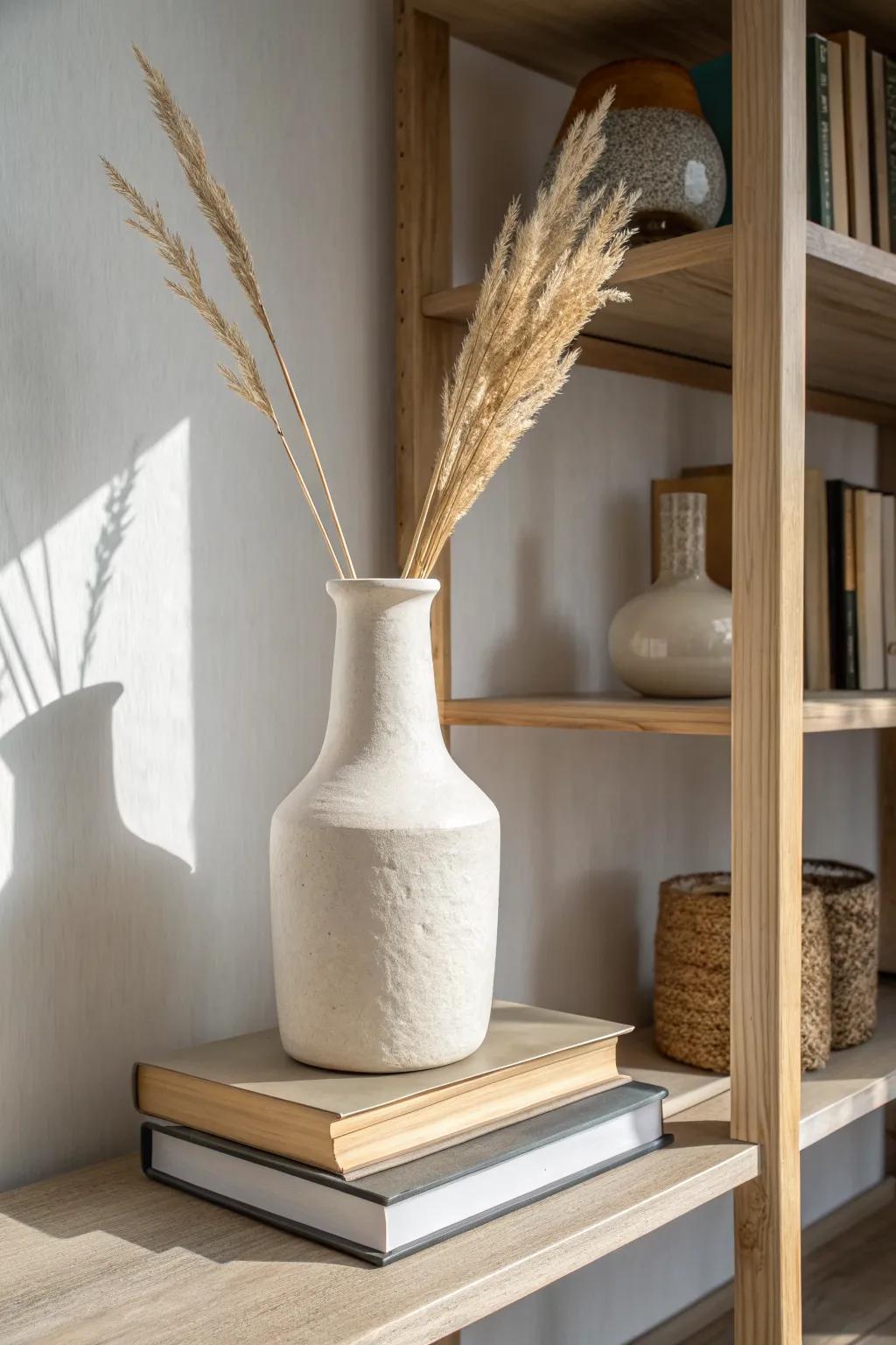 Mix tall and short pieces—one sculptural vase can instantly give your shelf perfect balance.