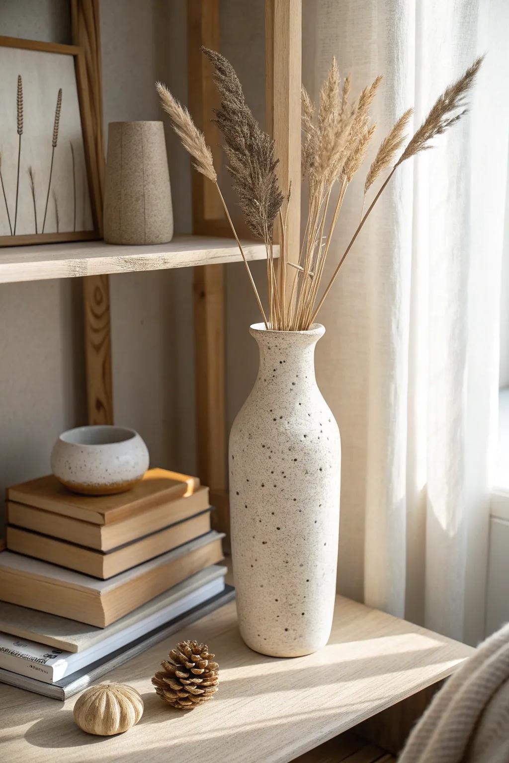 One tall vase breaks up book lines—mix heights for a bookshelf display that feels designed.