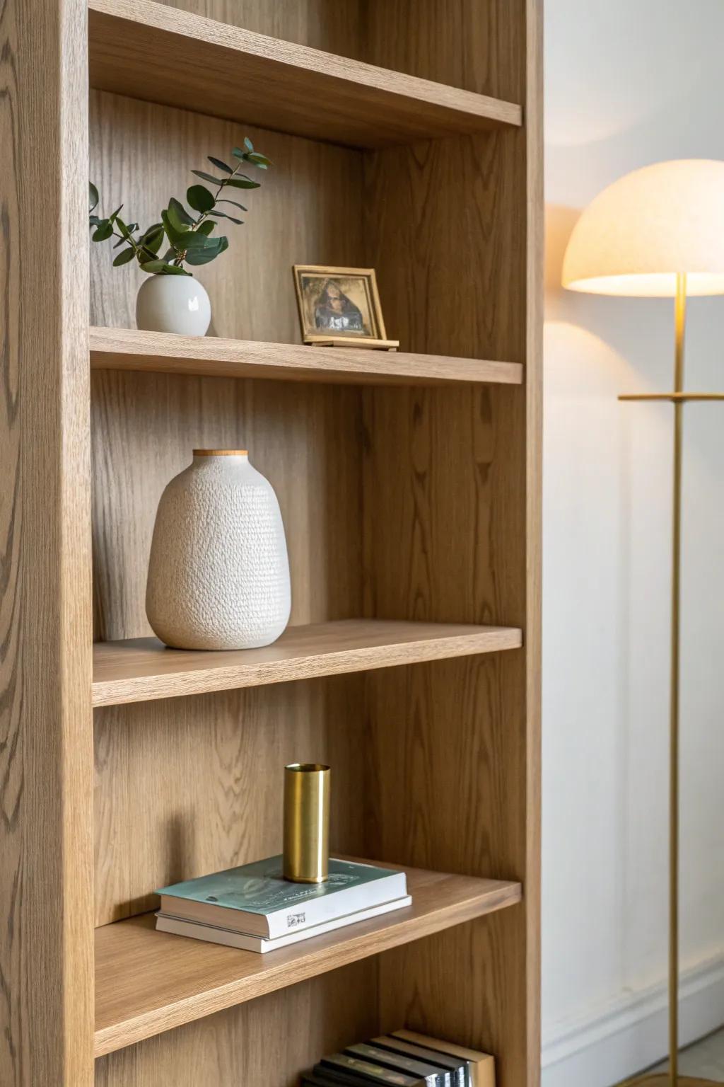 A tiny shelf spotlight turns one handmade ceramic vase into a warm, clutter-free focal point.