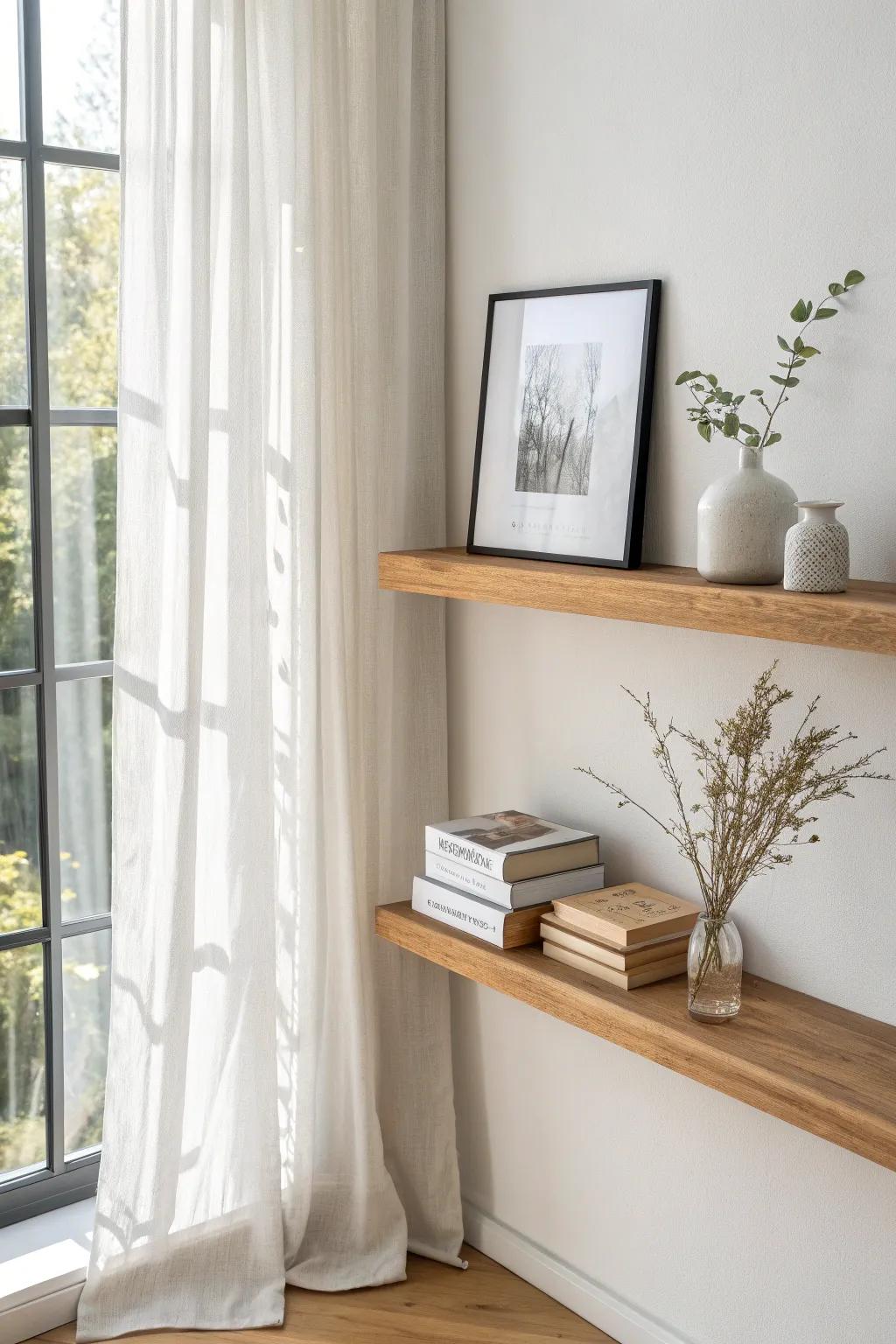 Light oak picture ledge by the window—swap books and art anytime for effortless small-space styling.