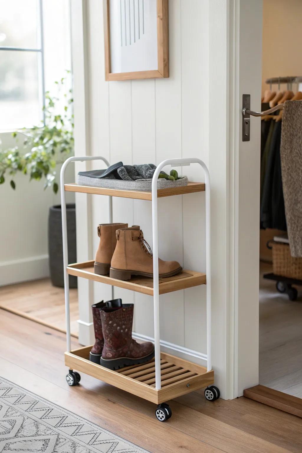 A slim rolling boot rack cart keeps wet boots contained—and tucks neatly behind the door.