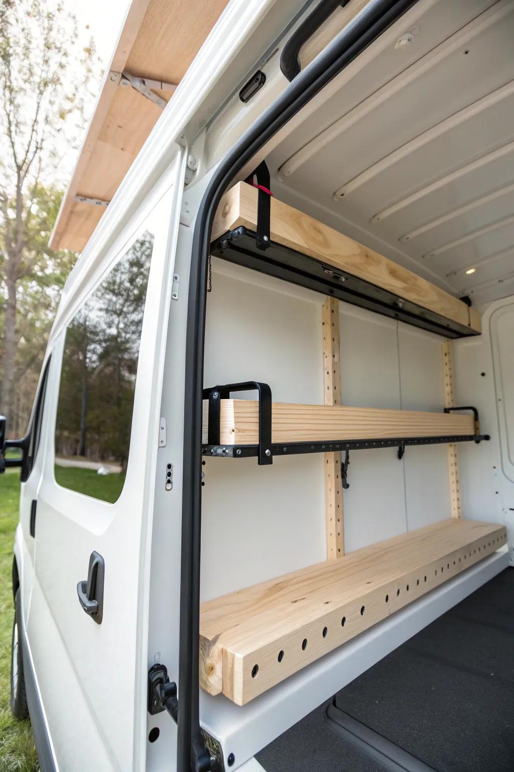 Tie-down rail-backed shelves—secure storage that keeps box-truck anchor points usable.