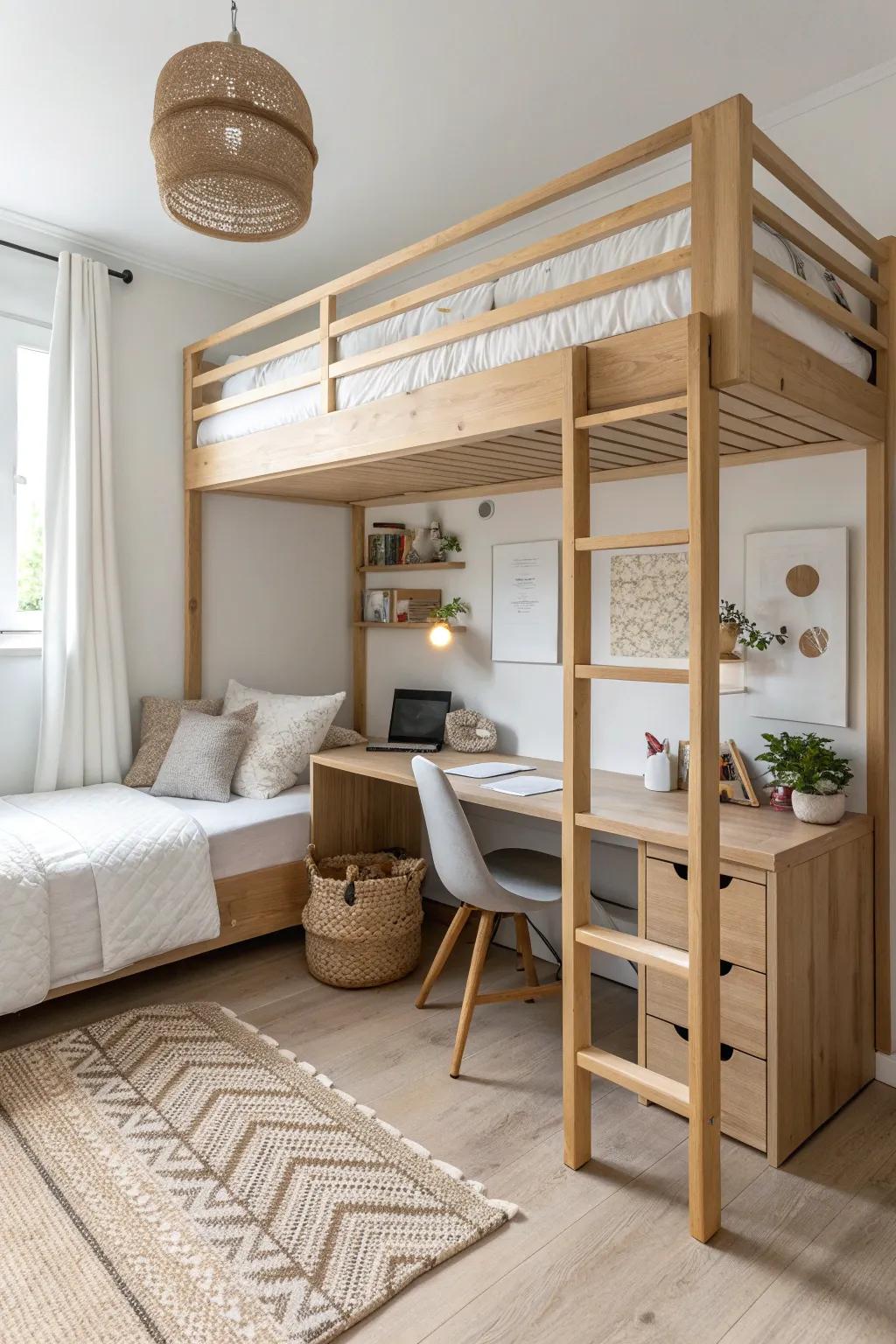 Loft bunk with a cozy desk nook below—smart shared-room layout for small spaces.