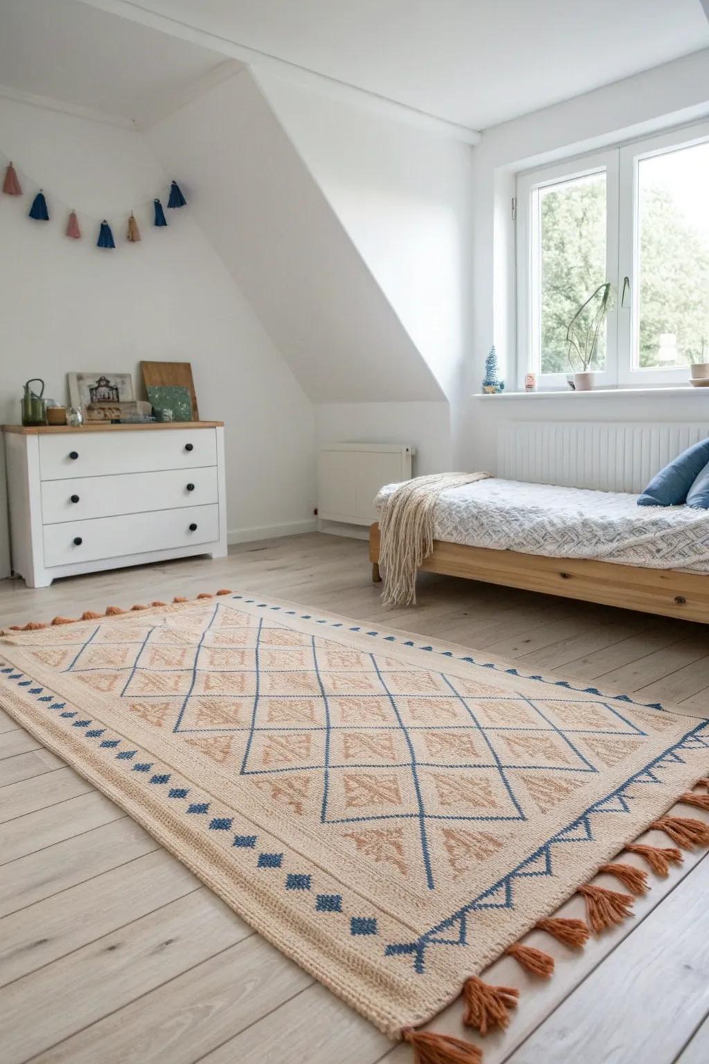 One oversized rug creates a calm play zone, making a small boys’ room feel bigger and tidy.