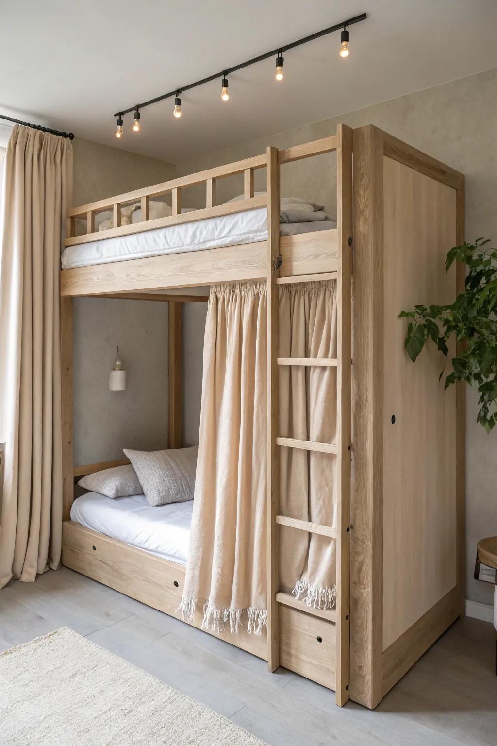 Soft linen bunk curtains turn a shared boys’ room into two calm, private sleep nooks.