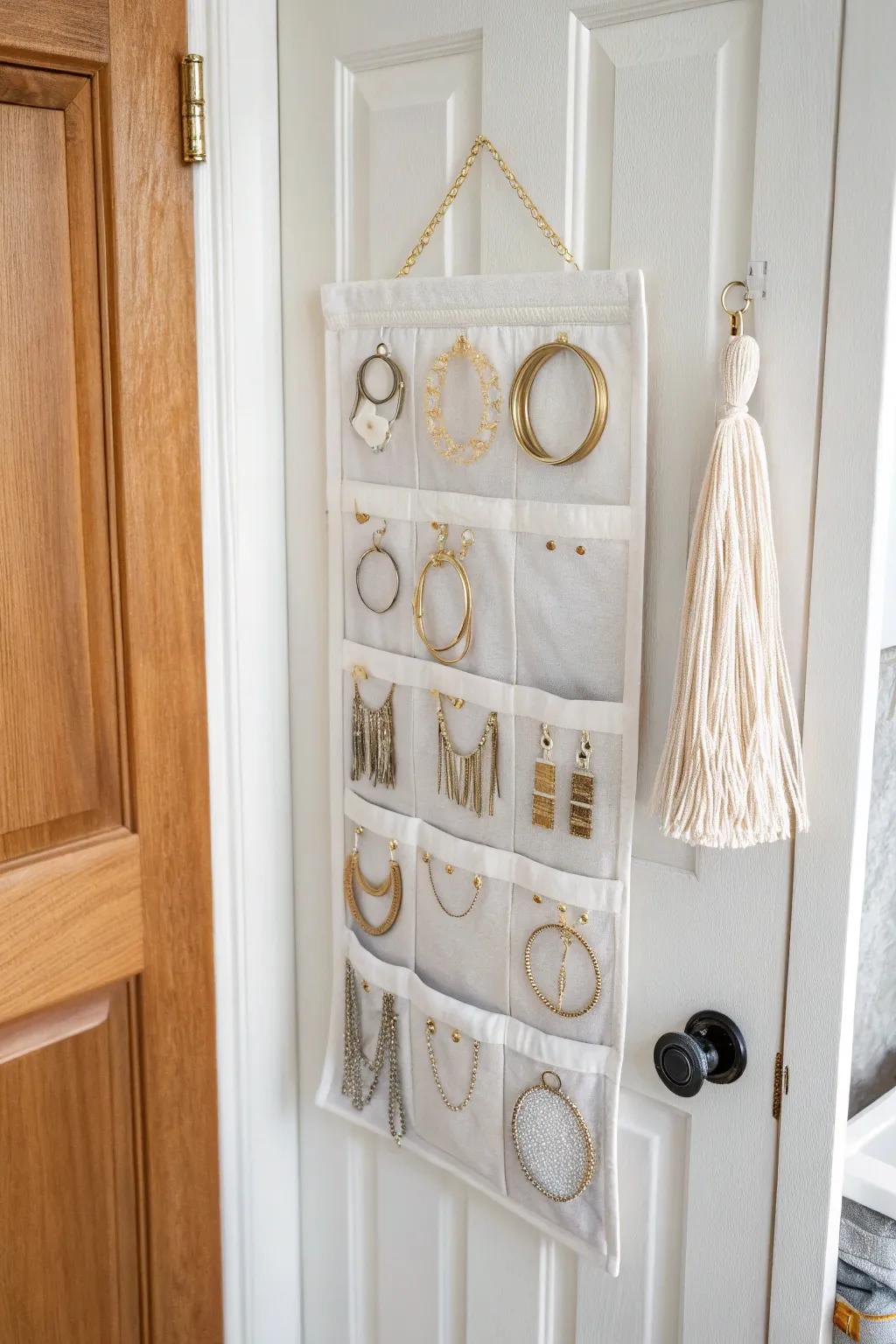 Clear over-the-door pocket organizer keeps bracelets visible, tidy, and off the counter.