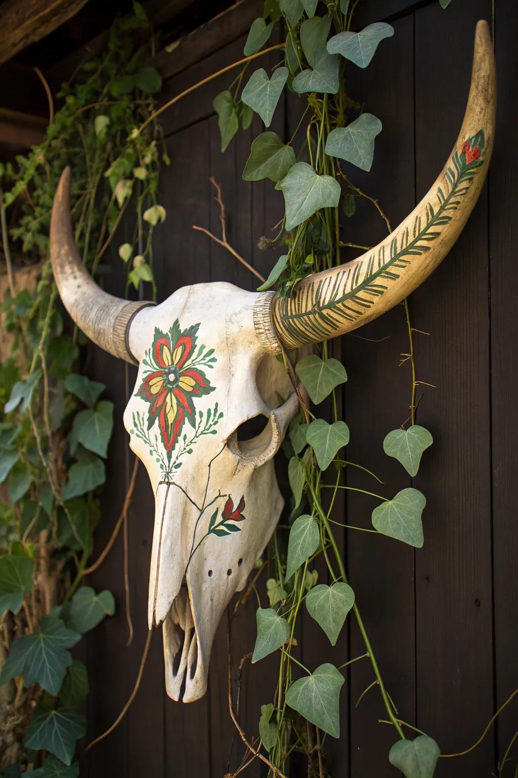 Nature meets craftsmanship: A buffalo skull beautifully transformed with botanical motifs.