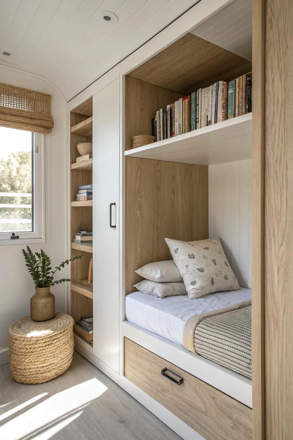 Slim built-in bookcase wall keeps closet bunks styled—each bunk gets a tidy little landing zone.