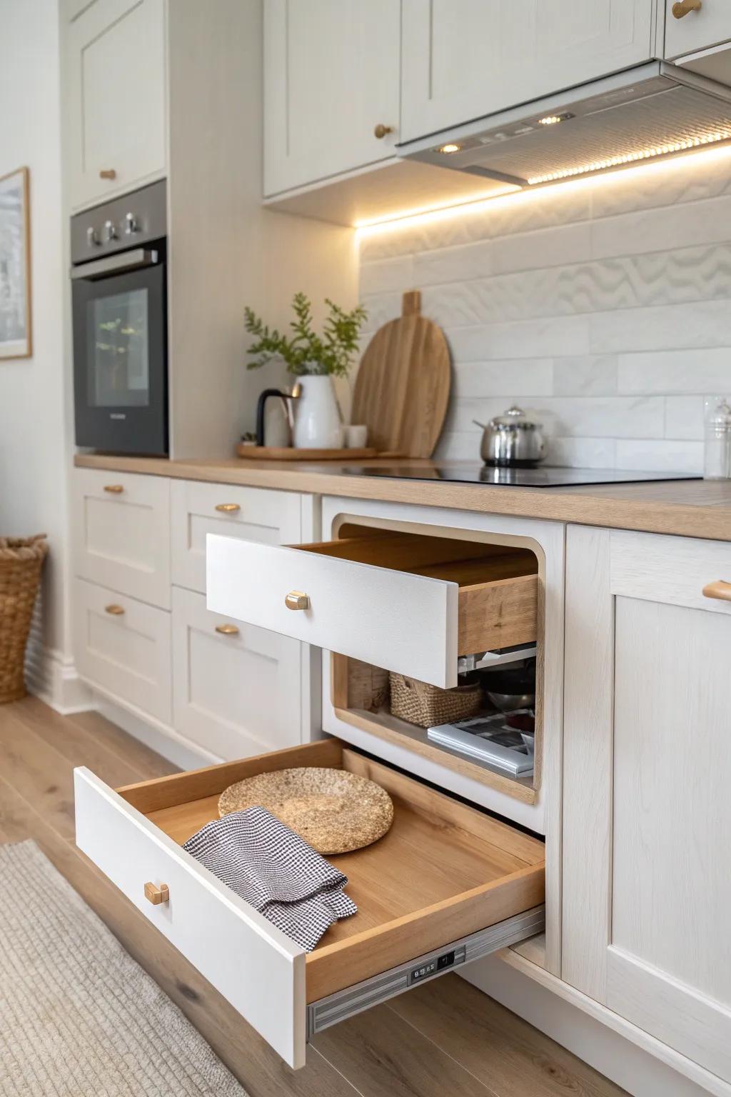 A sleek pull-out shelf hides your microwave away—rental-friendly and beautifully clutter-free.