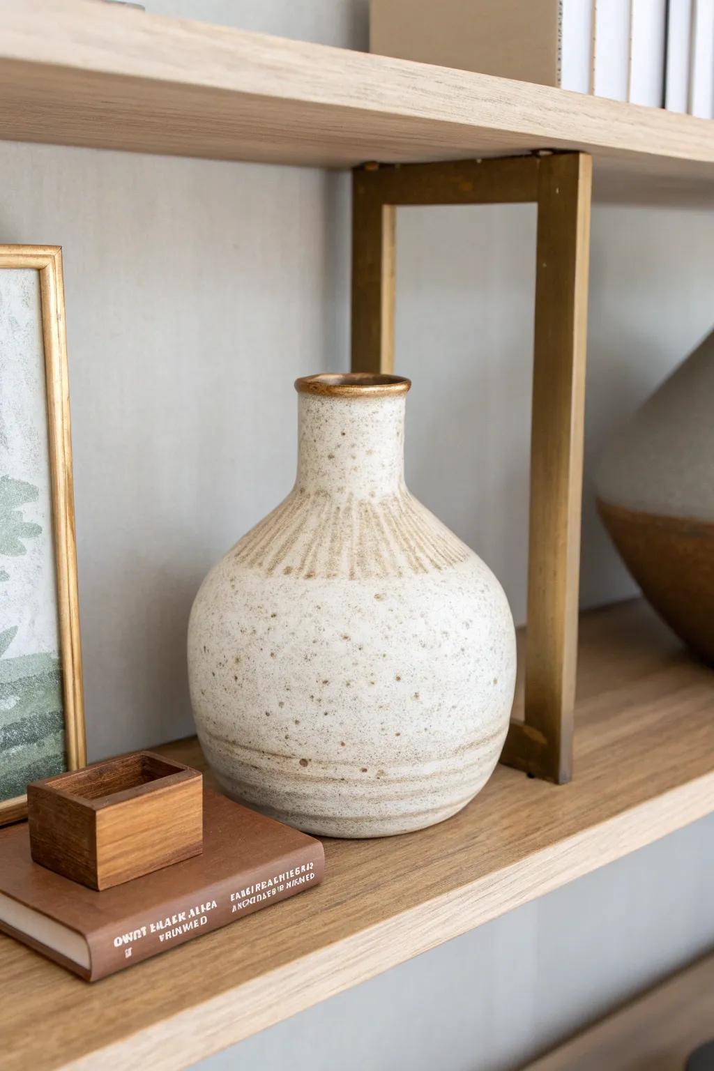 Ceramic, wood, and brass—an easy built-in shelf mix that adds instant texture without clutter.
