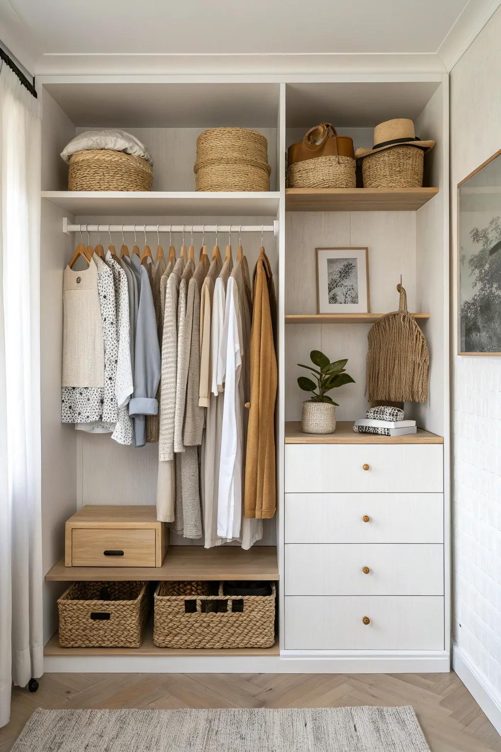 Smart wardrobe zones: short-hang, long-hang, and drawers—everything in its place at last.