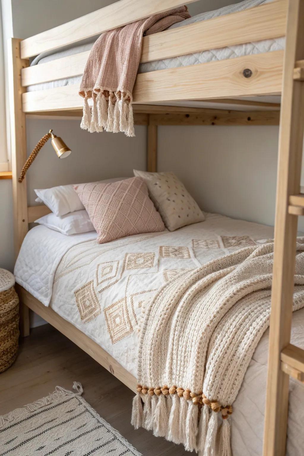 Layered quilts, knits, and textured pillows make bunk beds feel luxe, cozy, and grown-up.