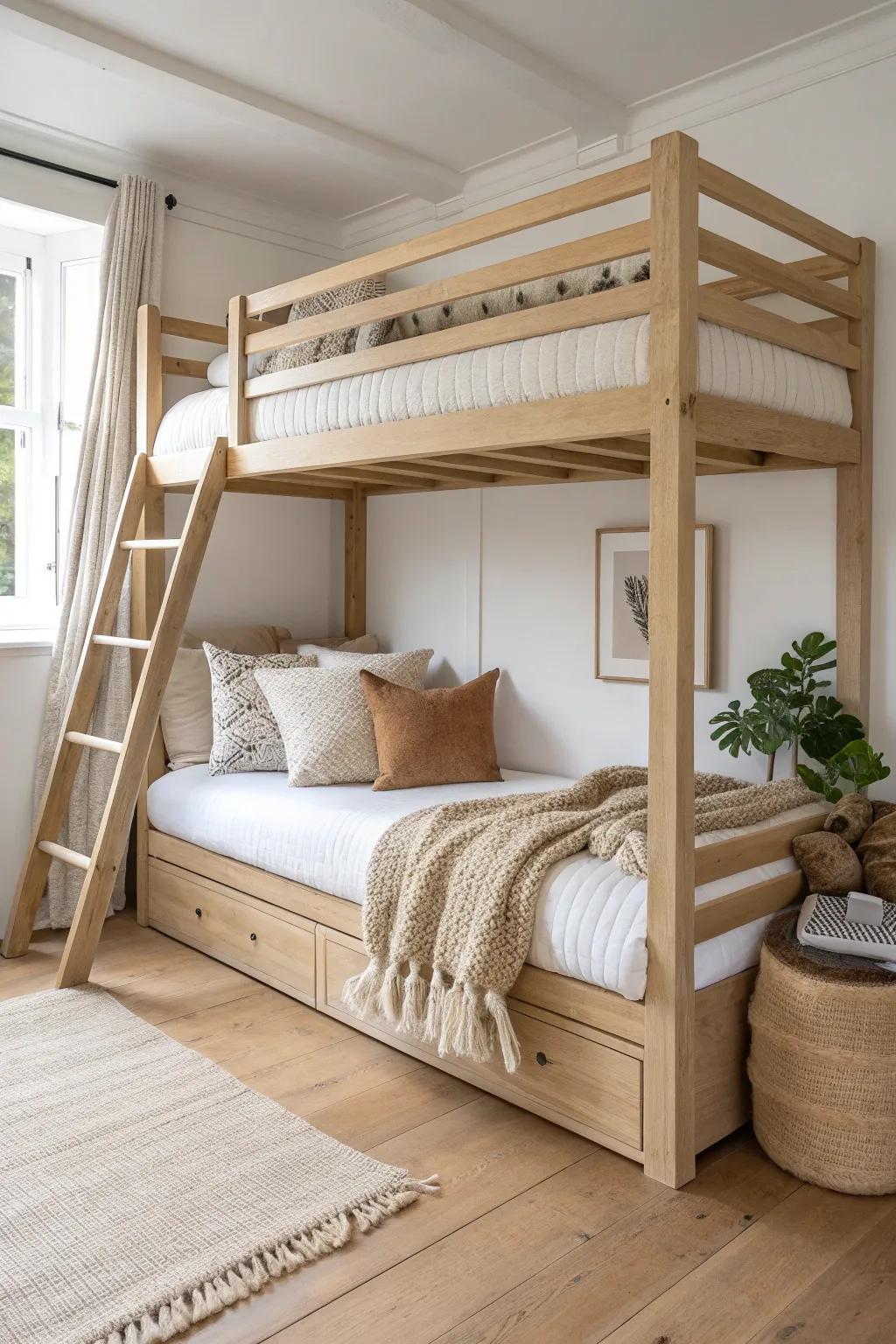 Daybed-style bottom bunk turns tiny rooms into a cozy lounge by day, bed by night.
