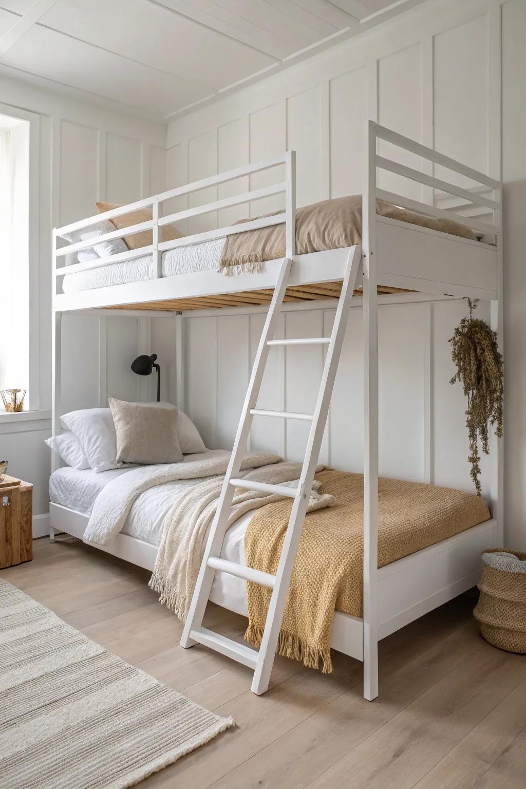 Slim-rail minimal bunk beds keep small bedrooms airy—clean lines, light wood, and calm contrast.