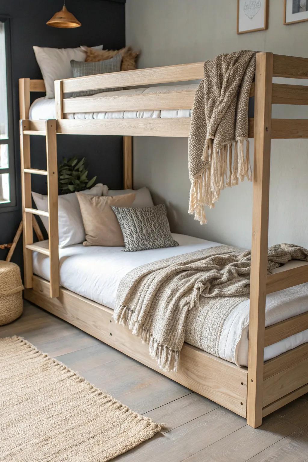 Daybed-style lower bunk with layered pillows—an adult bunk room that lounges beautifully by day.
