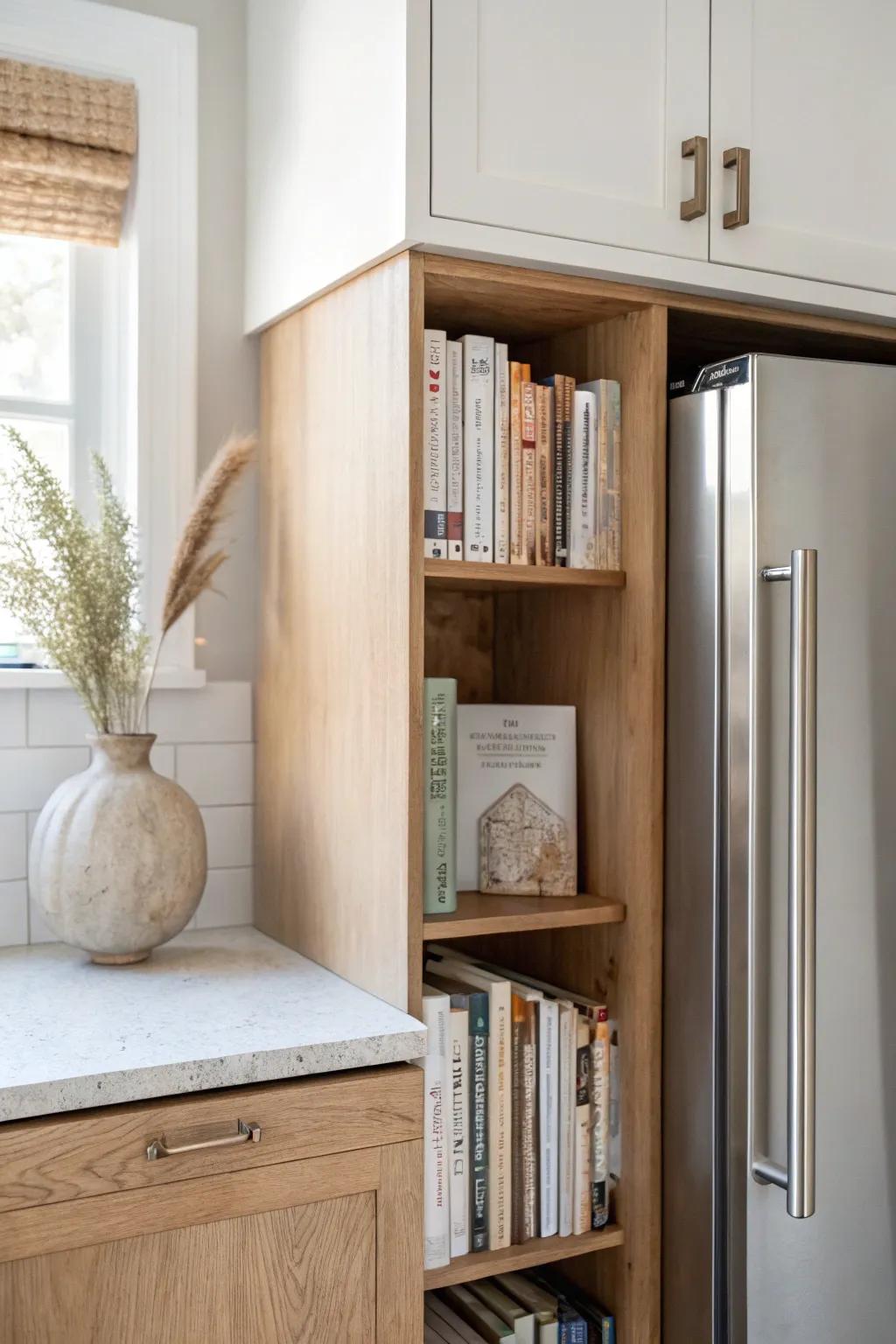 Turn the cabinet above the fridge into a chic cookbook nook—pretty, practical, and space-smart.