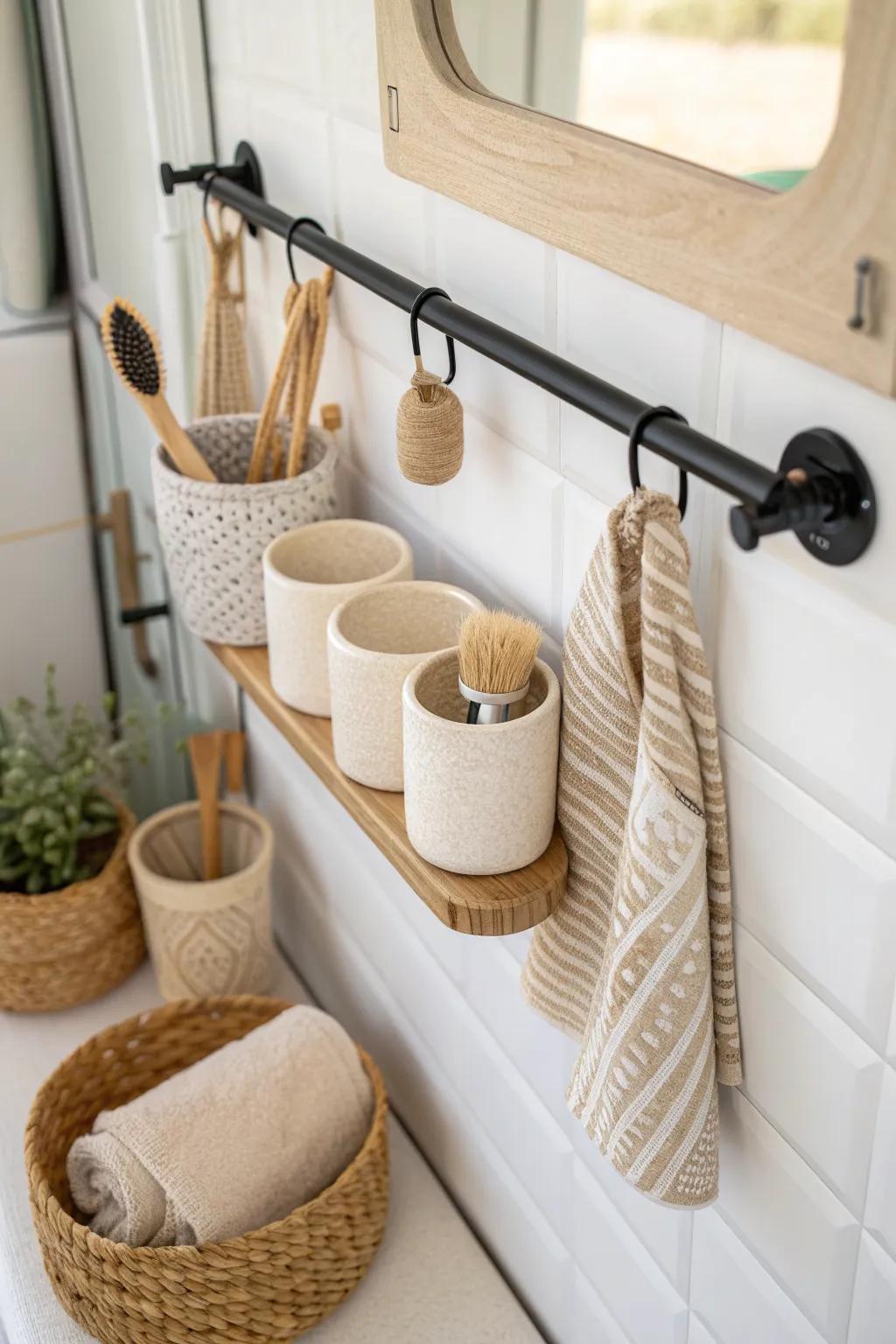 Turn a tiny camper wall sliver into chic storage with a slim rail and hanging cups.
