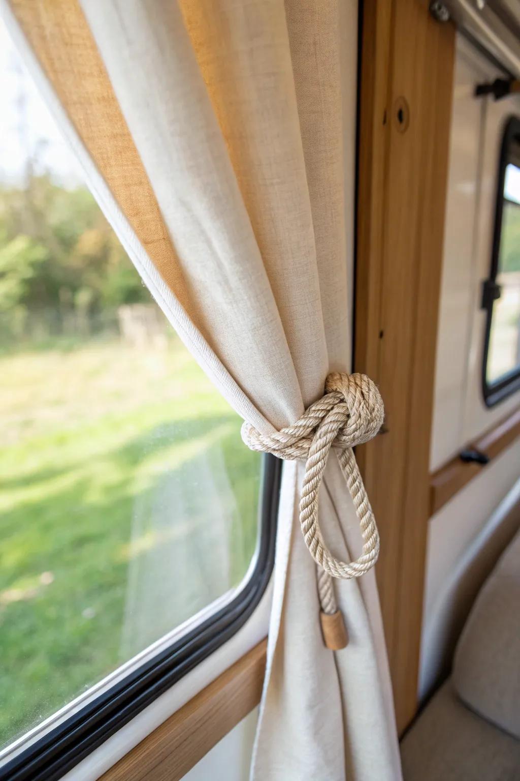 A simple linen tie-back keeps camper curtains calm and polished—even when the road gets windy.