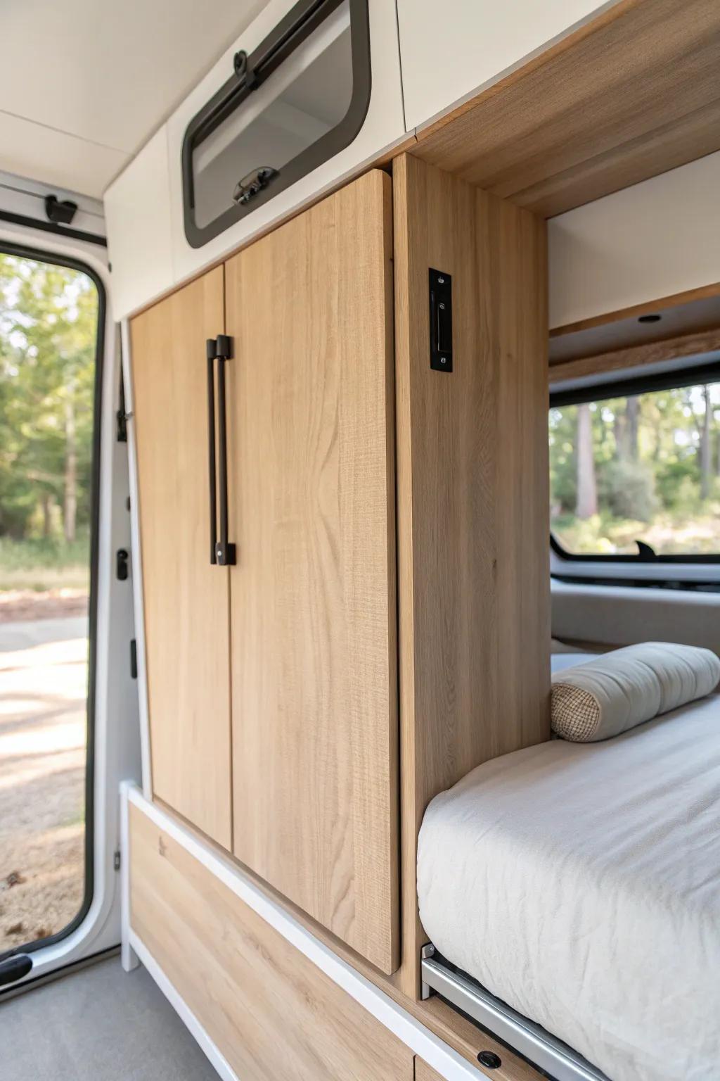 A side-wall Murphy bed folds away to keep your camper van aisle open and airy all day.