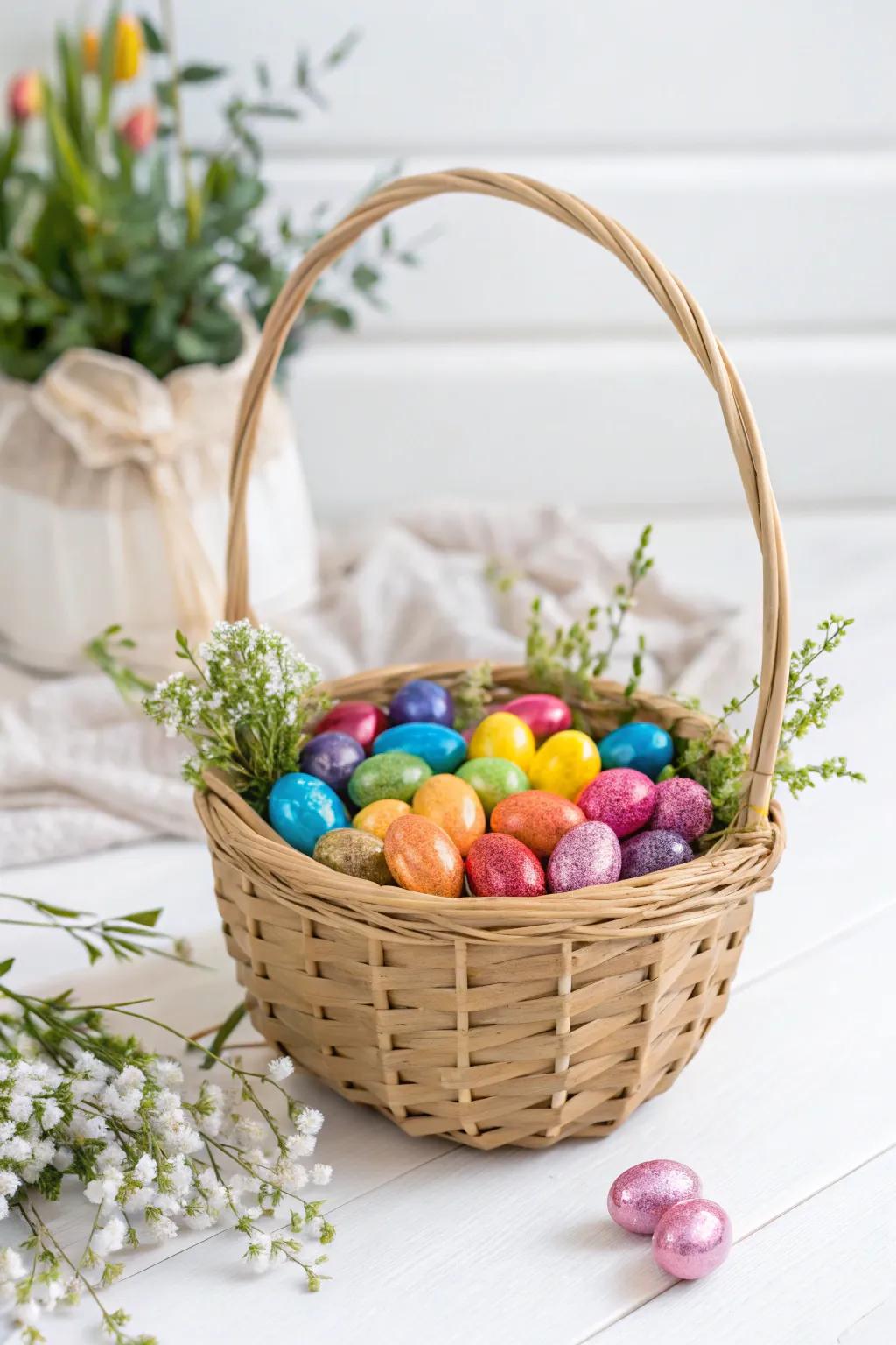 Embrace the joy of Easter with a rainbow of sweet delights in a beautifully crafted minimalist basket.