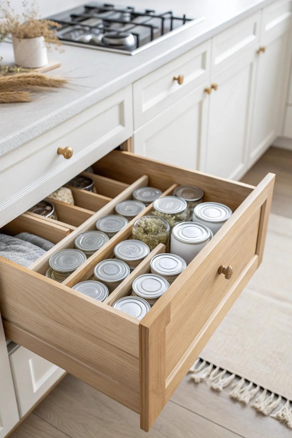 Deep drawer can rows with simple dividers—clean, calm, and easy to grab while cooking.