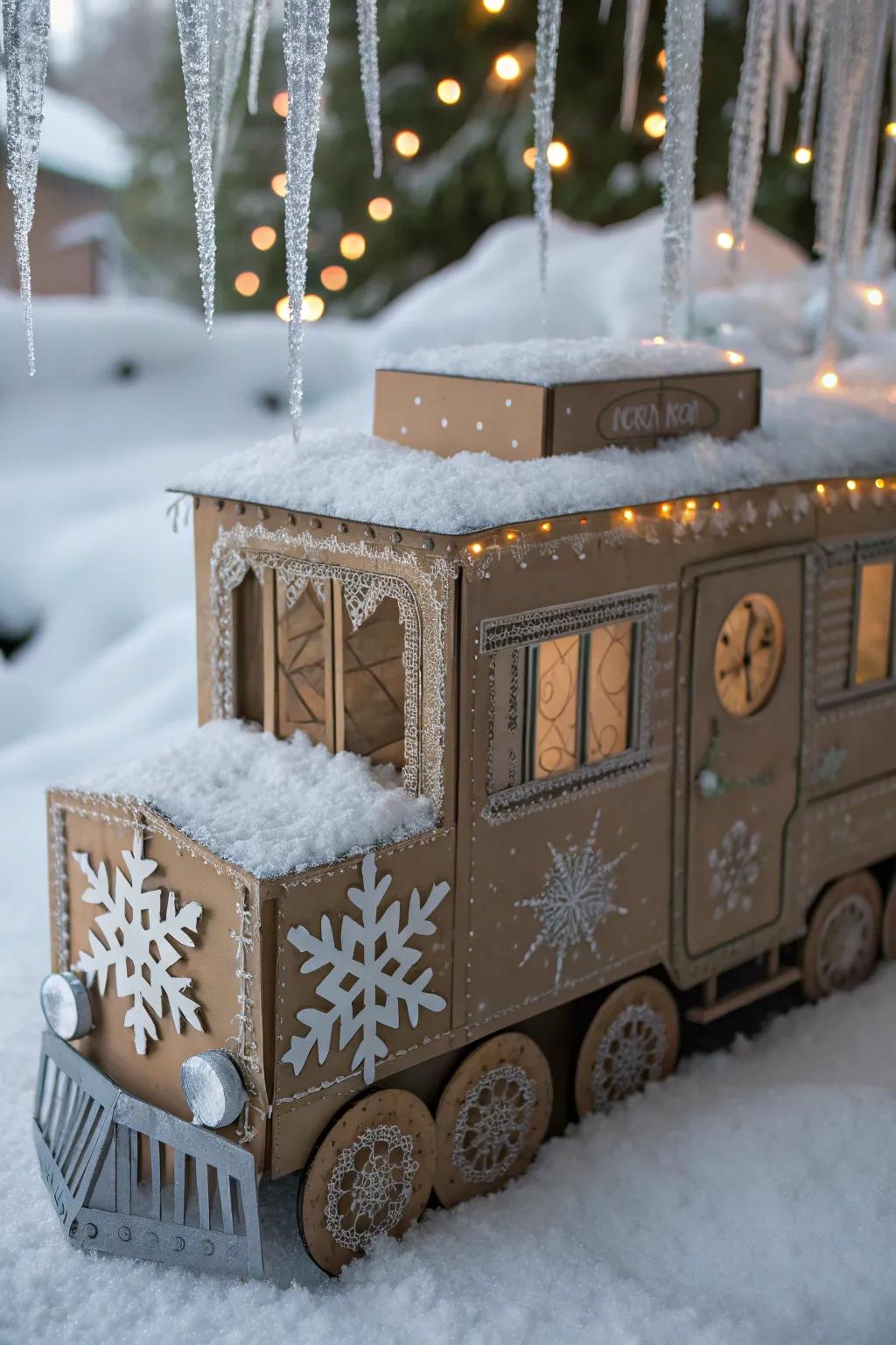 All aboard the Polar Express! A masterfully crafted cardboard truck brings holiday magic to life.