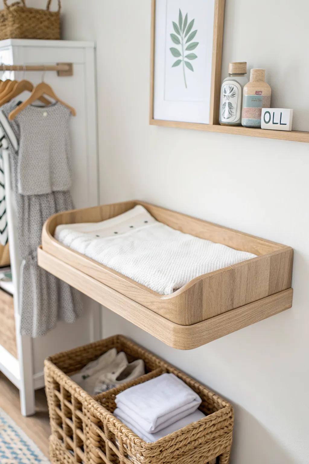 Floating oak shelf changing station—minimal, space-saving, with a tucked-away hamper underneath.
