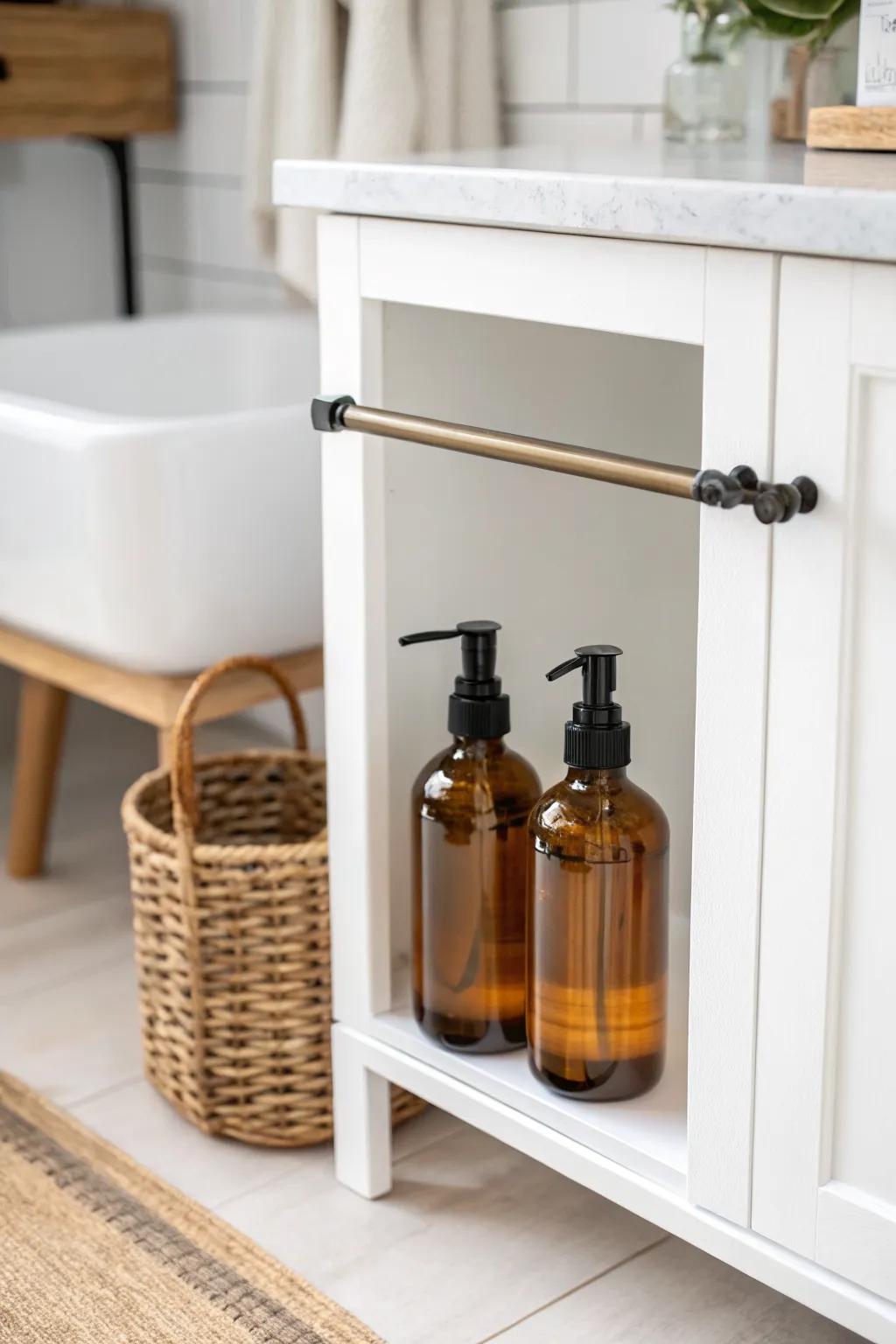 A $10 tension rod turns the under-sink chaos into a clean, rental-friendly spray station.