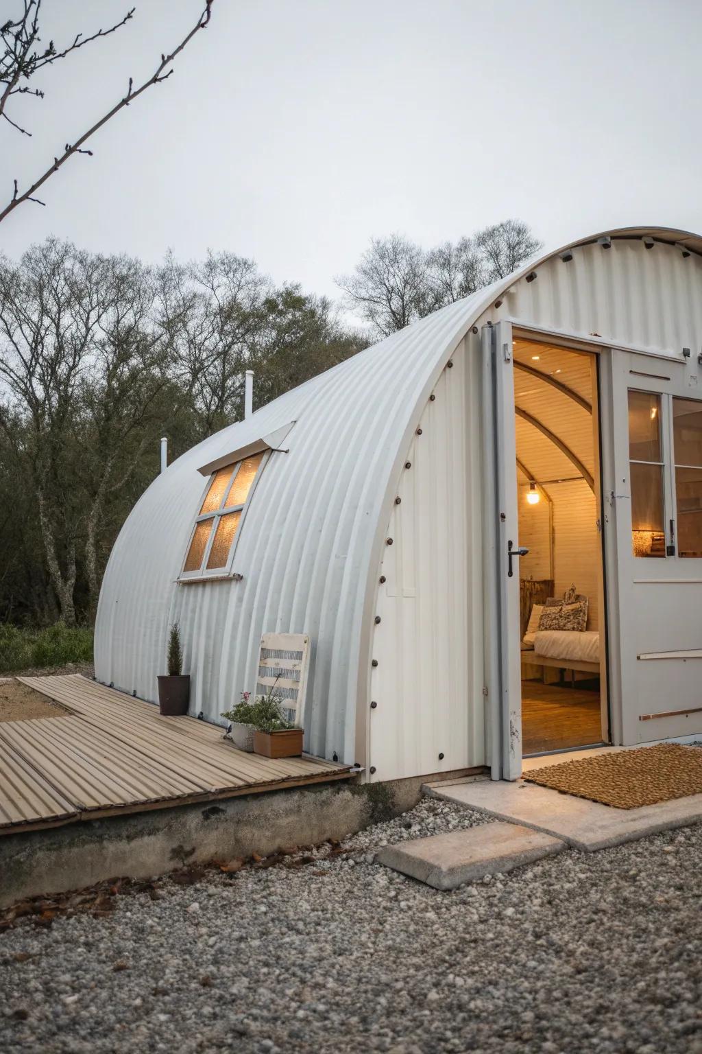 Cozy Quonset hut cabin: minimalist curves, warm wood accents, big small-space potential.
