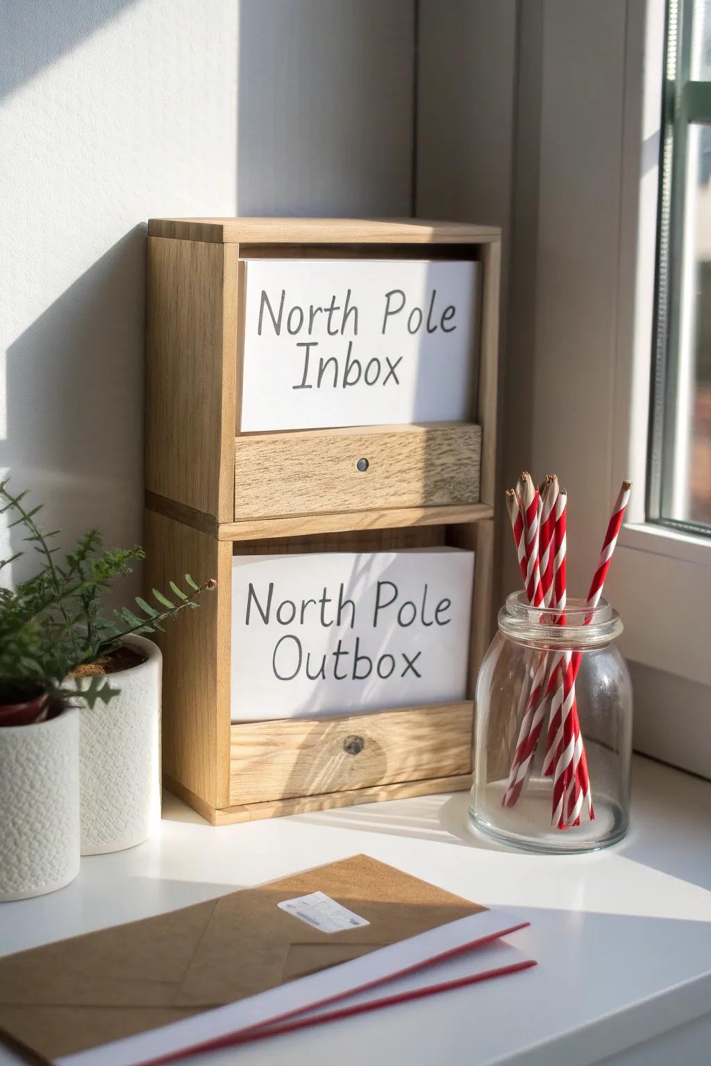 A tiny North Pole mail station: inbox + outbox labels and festive pens, tidy and cute.